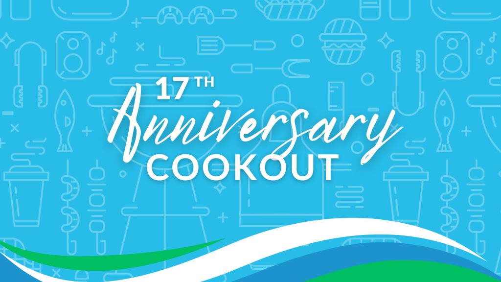 A blue background with the text "17th Anniversary Cookout" prominently displayed in white and stylized fonts, surrounded by various food and drink icons.