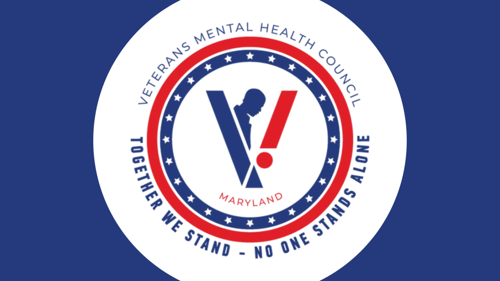 A circular logo for the Veterans Mental Health Council, featuring a stylized "V" with a silhouette, red and blue colors, and the text "Together We Stand - No One Stands Alone" along with "Maryland."