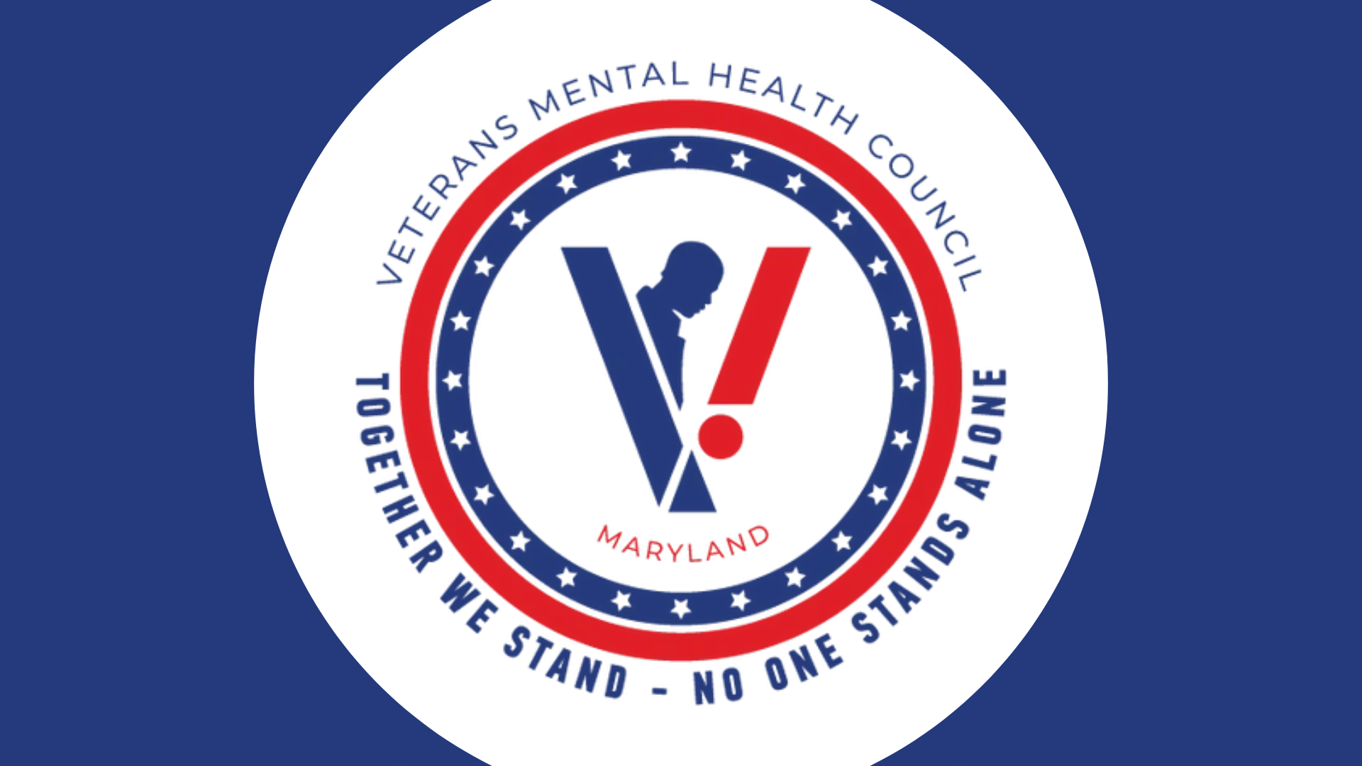 A circular logo for the Veterans Mental Health Council, featuring a stylized "V" with a silhouette, red and blue colors, and the text "Together We Stand - No One Stands Alone" along with "Maryland."